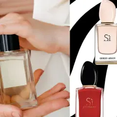 Dłonie trzymające perfumy Si. Obok trzy flakoniki Giorgio Armani Si: różowy, czerwony i pomarańczowy. Które perfumy Si są najładniejsze?