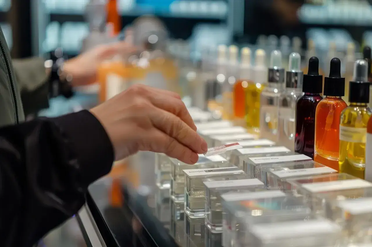 Mężczyzna wybierający perfumy w drogerii, różne flakony