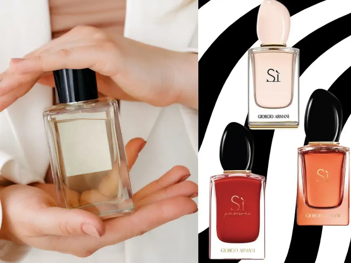 Dłonie trzymają szklaną buteleczkę z płynem. Obok trzy flakoniki perfum Giorgio Armani Si. Które perfumy Si są najładniejsze?